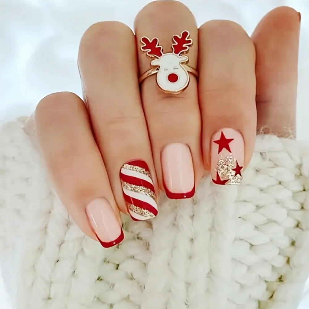 New Christmas Press On Nails Set Red and Gold